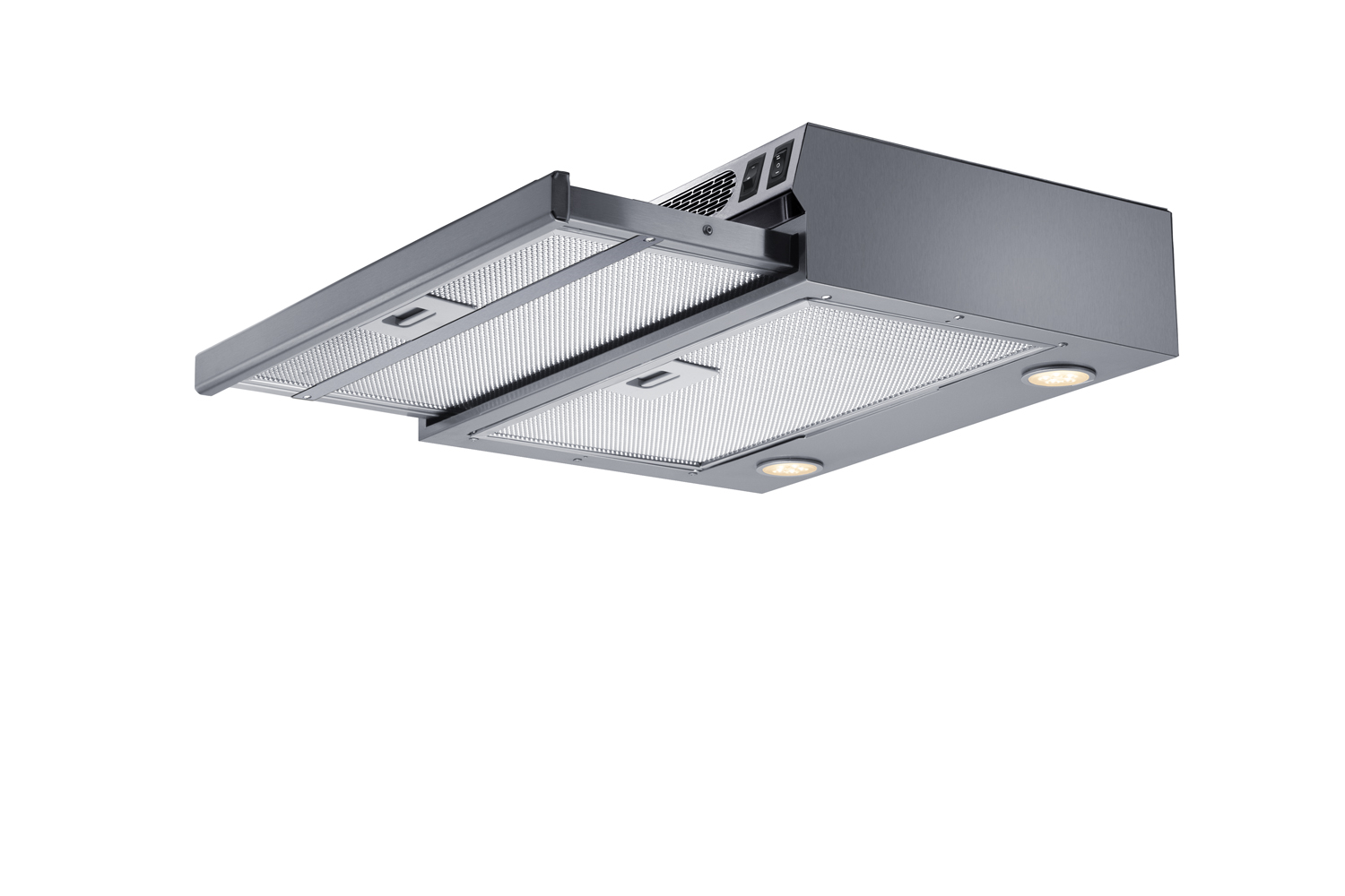 18 inch wide under cabinet retractable range hood for ductless use in stainless steel, made in the USA with power cord included